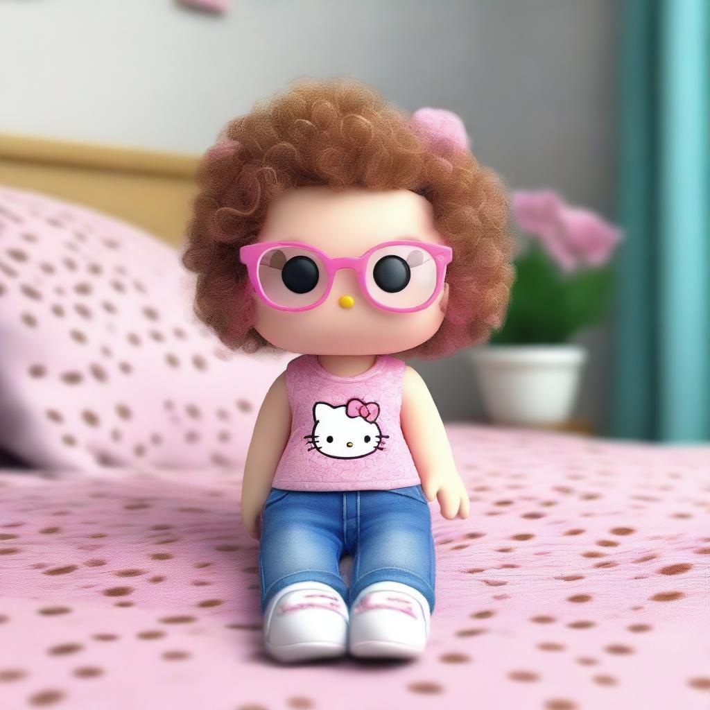 A realistic 3D rendering of Hello Kitty with brunette curly hair that has blonde tips