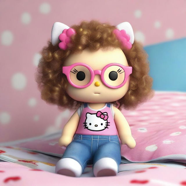 A realistic 3D rendering of Hello Kitty with brunette curly hair that has blonde tips