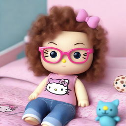 A realistic 3D rendering of Hello Kitty with brunette curly hair that has blonde tips