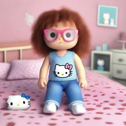 A realistic 3D rendering of Hello Kitty with brunette curly hair that has blonde tips