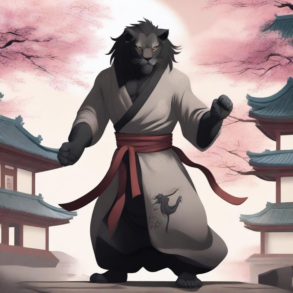 A black lion humanoid monk fighter stands poised in a martial arts stance