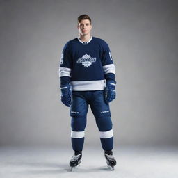 A professional, stylish, and detailed portrait of Jack Hughes, an acclaimed hockey player, on the ice rink with his hockey gear.