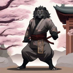 A black lion humanoid monk fighter stands poised in a martial arts stance