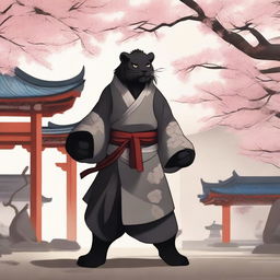 A black lion humanoid monk fighter stands poised in a martial arts stance