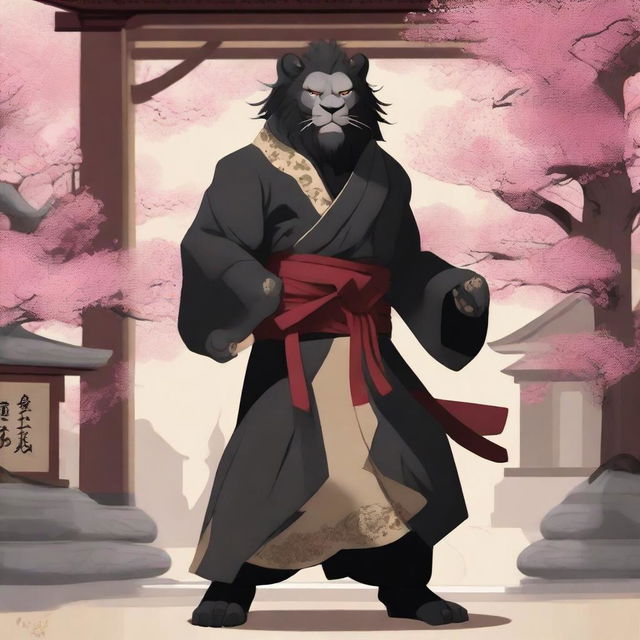 A black lion humanoid monk fighter stands poised in a martial arts stance