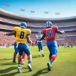 A dynamic and energetic scene of a football game in progress, with players in action, a vibrant stadium full of cheering fans, and a clear blue sky