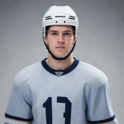 A professional, stylish, and detailed portrait of Jack Hughes, an acclaimed hockey player, on the ice rink with his hockey gear.