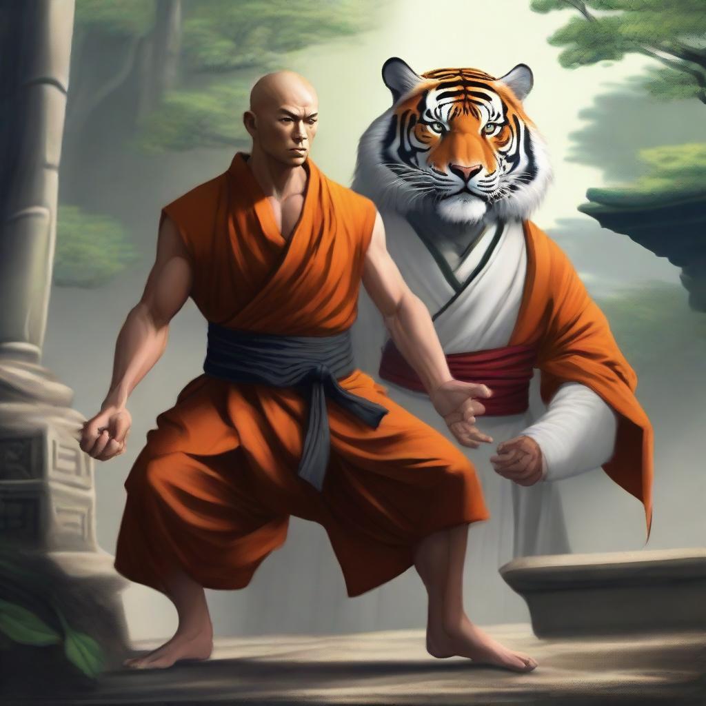 A powerful monk fighter in traditional Asian attire, standing confidently beside a fierce tiger