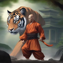 A powerful monk fighter in traditional Asian attire, standing confidently beside a fierce tiger