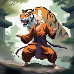 A powerful monk fighter in traditional Asian attire, standing confidently beside a fierce tiger