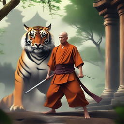 A powerful monk fighter in traditional Asian attire, standing confidently beside a fierce tiger