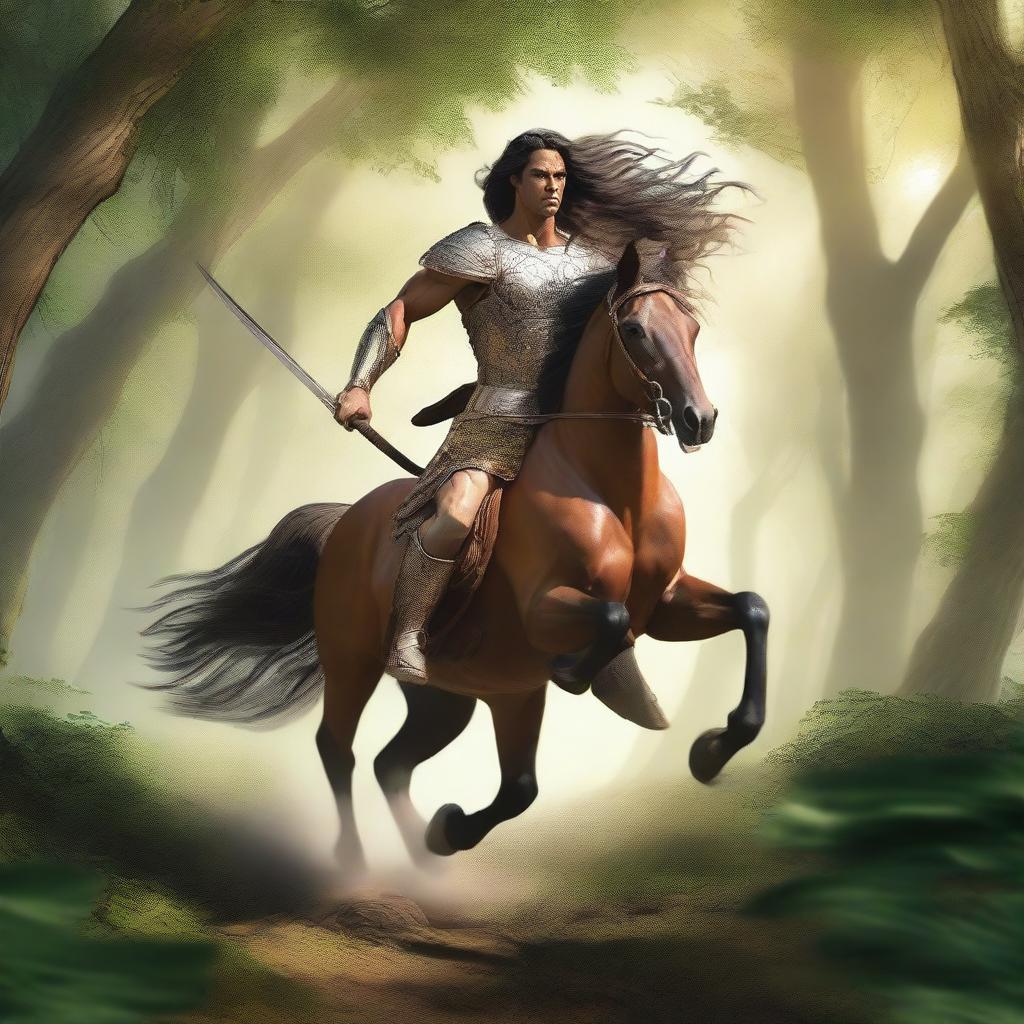 A majestic centaur rider galloping through a lush forest