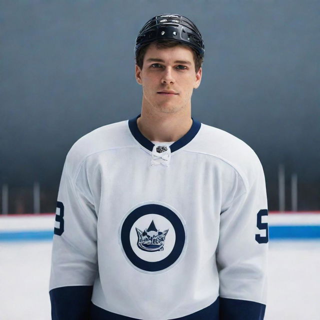 A professional, stylish, and detailed portrait of Jack Hughes, an acclaimed hockey player, on the ice rink with his hockey gear.