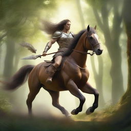 A majestic centaur rider galloping through a lush forest