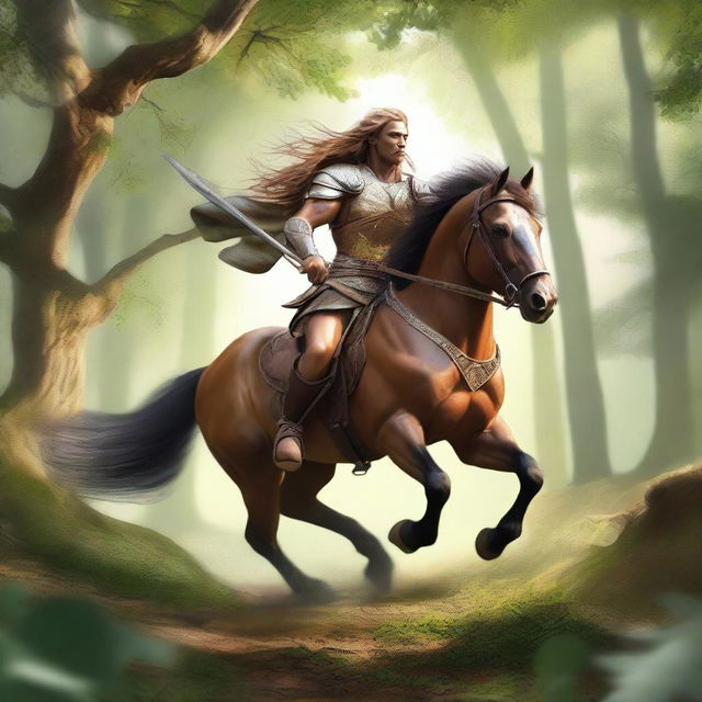 A majestic centaur rider galloping through a lush forest