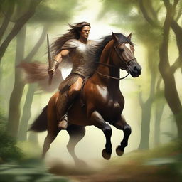 A majestic centaur rider galloping through a lush forest