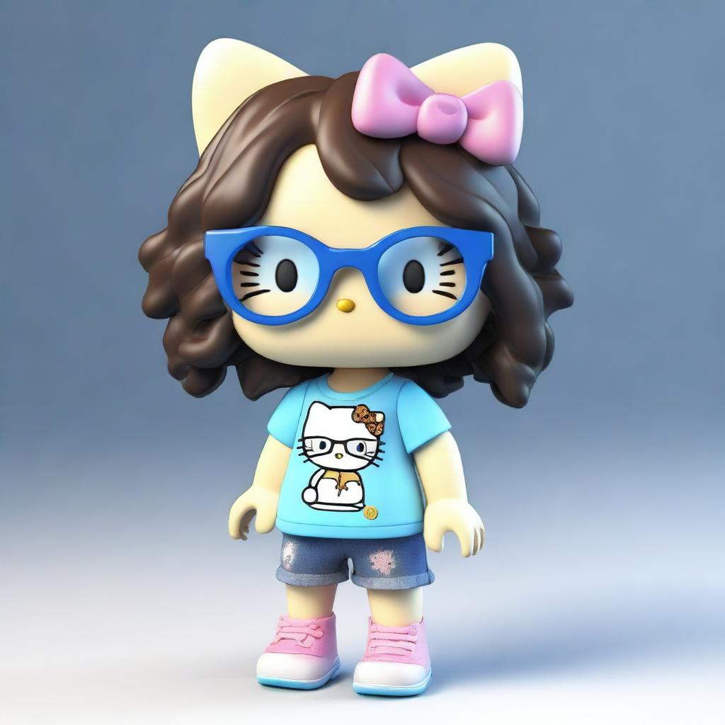 A 3D rendering of Hello Kitty as a teenager with dark brown spiral curly medium length hair with blonde tips