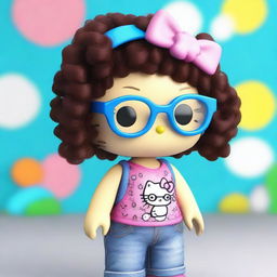 A 3D rendering of Hello Kitty as a teenager with dark brown spiral curly medium length hair with blonde tips