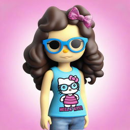 A 3D rendering of Hello Kitty as a teenager with dark brown spiral curly medium length hair with blonde tips