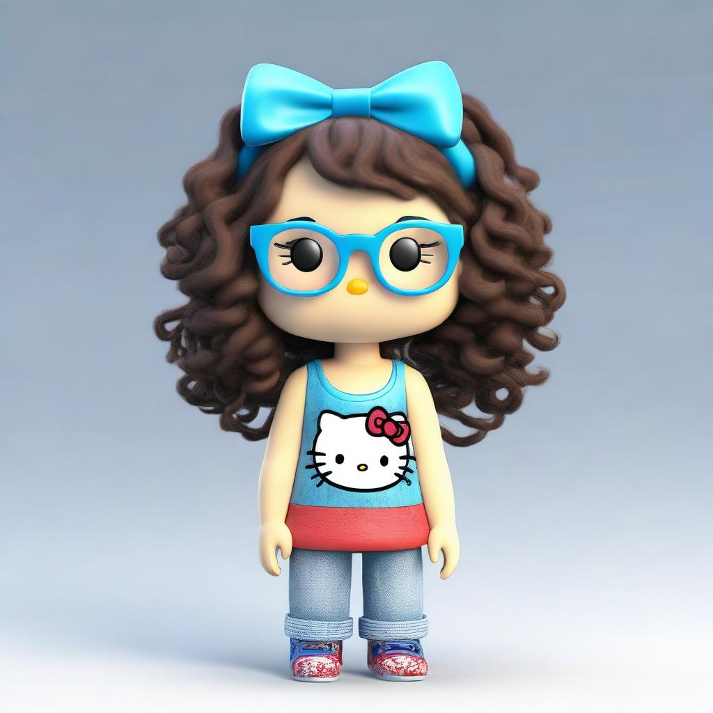 A 3D rendering of Hello Kitty as a teenager with dark brown spiral curly medium length hair with blonde tips