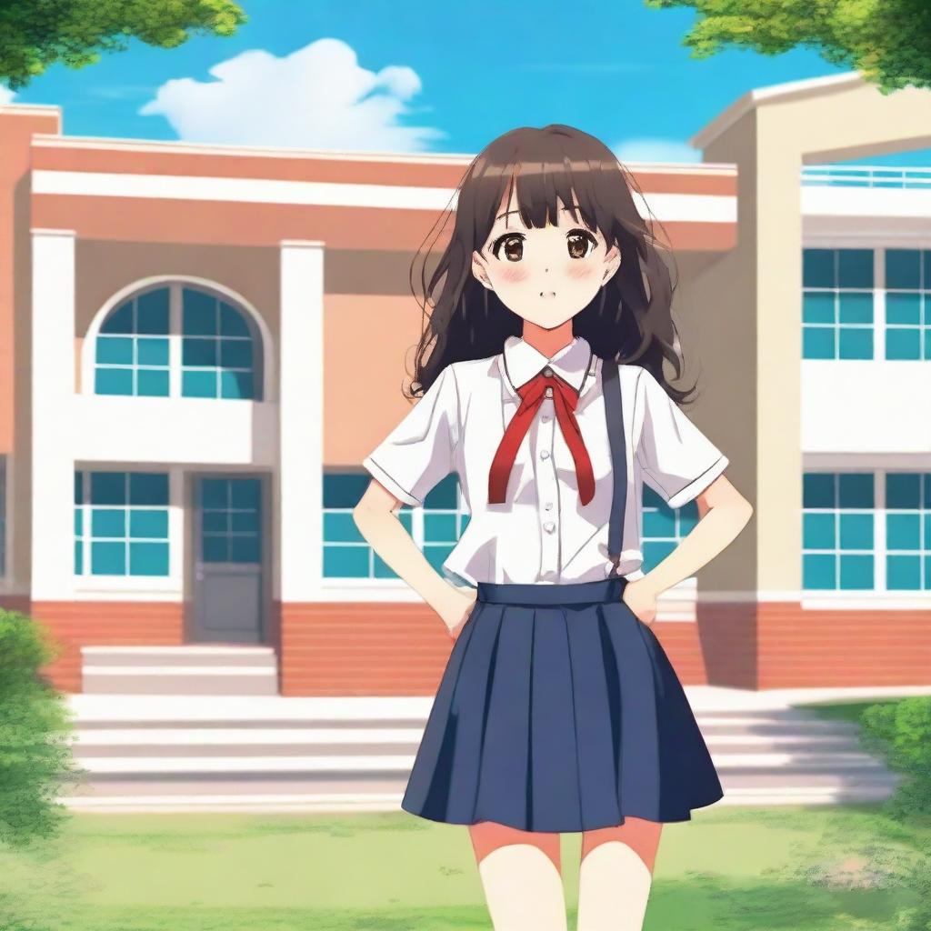 A school girl with a cheerful expression, wearing a traditional school uniform with a skirt and blouse, standing in front of a school building