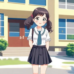 A school girl with a cheerful expression, wearing a traditional school uniform with a skirt and blouse, standing in front of a school building