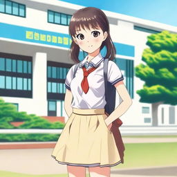 A school girl with a cheerful expression, wearing a traditional school uniform with a skirt and blouse, standing in front of a school building