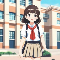 A school girl with a cheerful expression, wearing a traditional school uniform with a skirt and blouse, standing in front of a school building