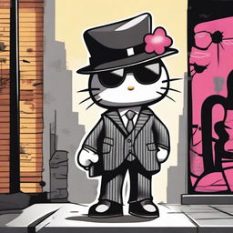 A Hello Kitty character dressed as a gangster, wearing a stylish fedora hat, dark sunglasses, and a pinstripe suit