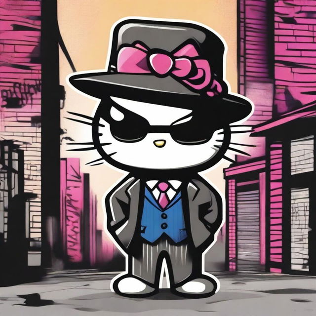 A Hello Kitty character dressed as a gangster, wearing a stylish fedora hat, dark sunglasses, and a pinstripe suit