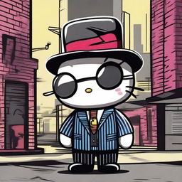 A Hello Kitty character dressed as a gangster, wearing a stylish fedora hat, dark sunglasses, and a pinstripe suit