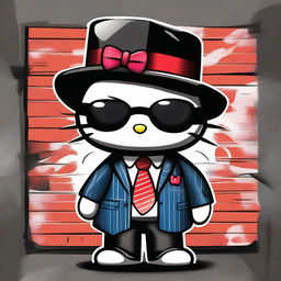 A Hello Kitty character dressed as a gangster, wearing a stylish fedora hat, dark sunglasses, and a pinstripe suit