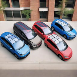 A series of cars with plaid patterns on their exteriors, parked in a modern city setting