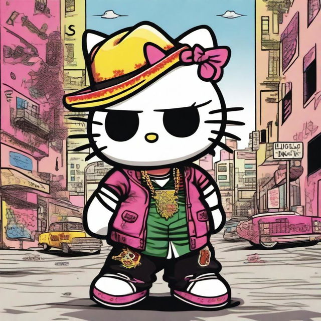 A depiction of Hello Kitty dressed as a Mexican gang member in Los Angeles