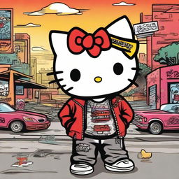 A depiction of Hello Kitty dressed as a Mexican gang member in Los Angeles