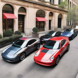 A series of cars with plaid patterns on their exteriors, parked in a modern city setting