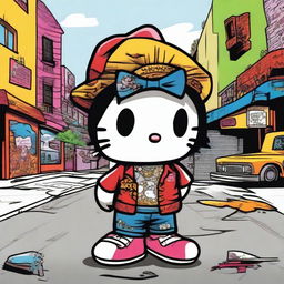 A depiction of Hello Kitty dressed as a Mexican gang member in Los Angeles