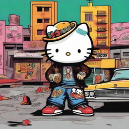 A depiction of Hello Kitty dressed as a Mexican gang member in Los Angeles