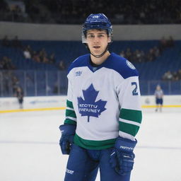 Ice hockey player named Jack Hughes wearing a Vancouver jersey, skating on an ice rink