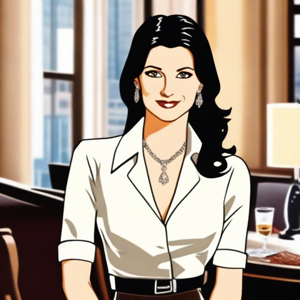 A depiction of Monica Geller from Friends in a stylish and elegant outfit, exuding confidence and charm