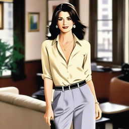 A depiction of Monica Geller from Friends in a stylish and elegant outfit, exuding confidence and charm