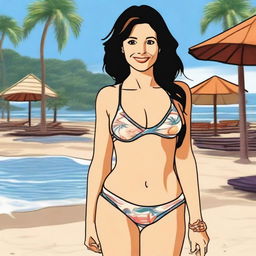 A depiction of Monica Geller from Friends, wearing a bikini