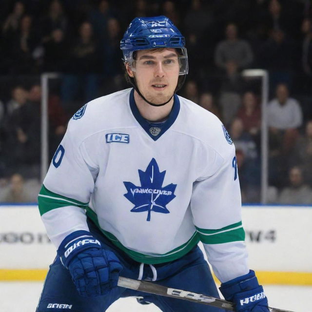 Ice hockey player named Jack Hughes wearing a Vancouver jersey, skating on an ice rink