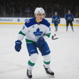 Ice hockey player named Jack Hughes wearing a Vancouver jersey, skating on an ice rink