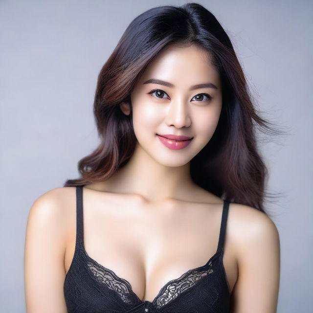 A beautiful Asian girl wearing a stylish bra, posing confidently