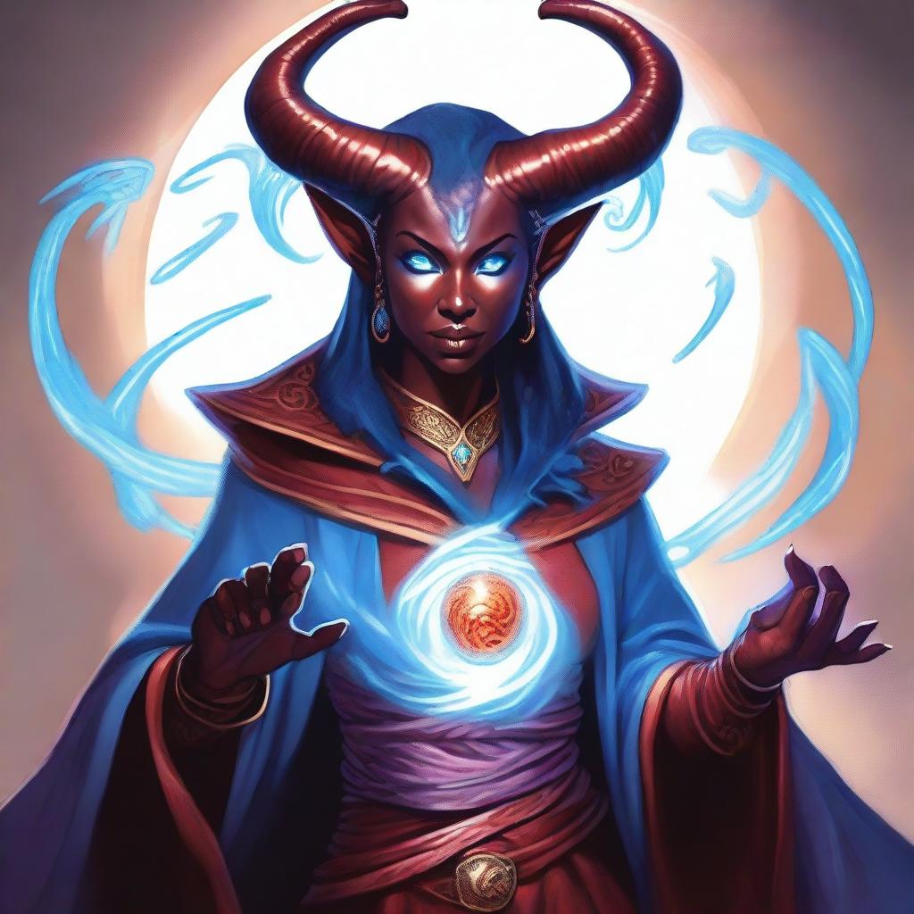 A detailed fantasy illustration of a female tiefling sorcerer