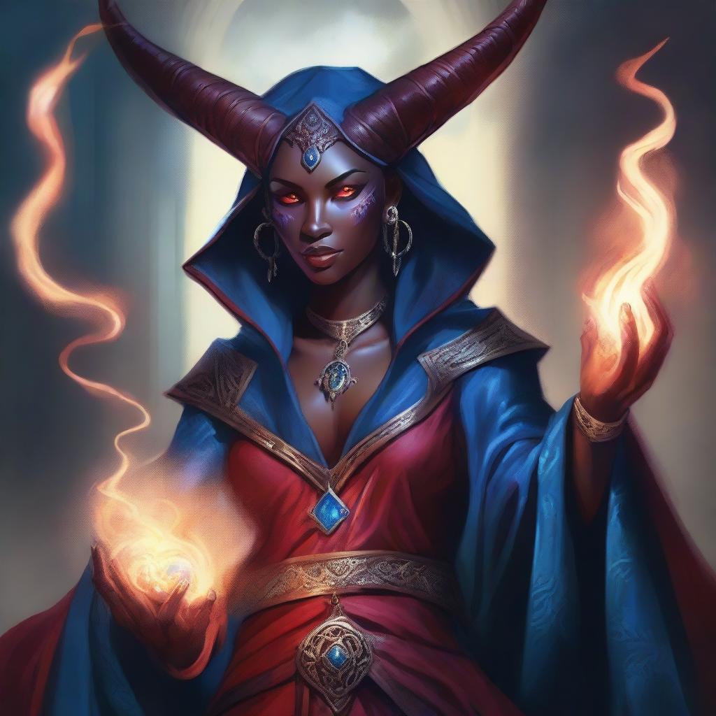 A detailed fantasy illustration of a female tiefling sorcerer