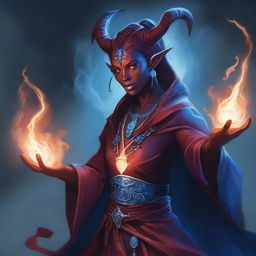 A detailed fantasy illustration of a female tiefling sorcerer