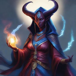 A detailed fantasy illustration of a female tiefling sorcerer