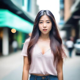 A beautiful Asian girl with a surprised facial expression, standing in a casual setting